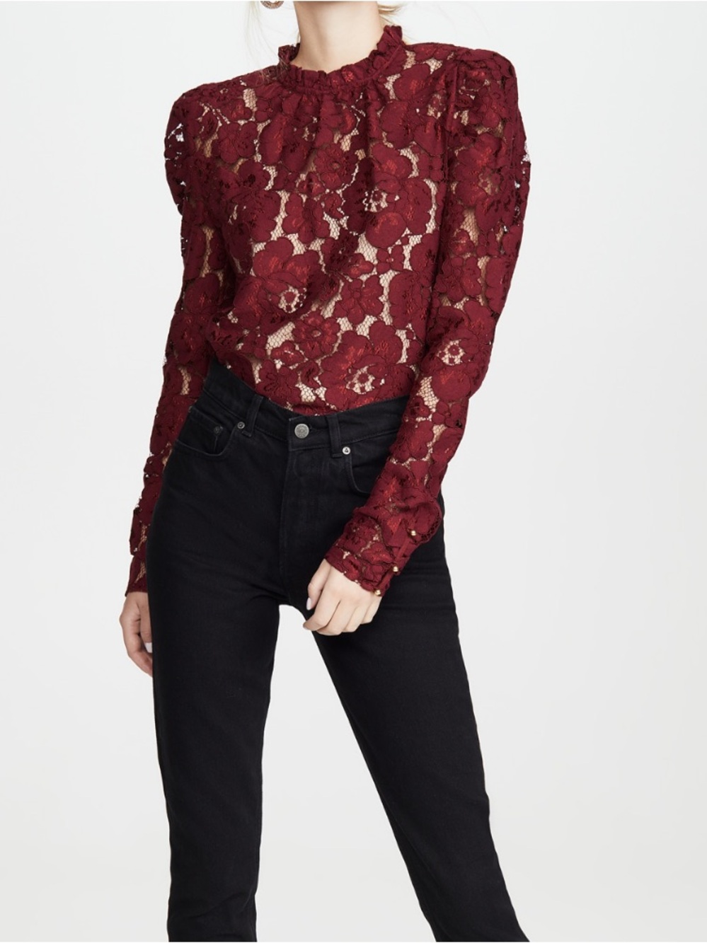 Wayf Red Emma Long Puff-Sleeve Tie-Back Lace Top medium